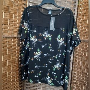 Love Cameron Plus Size 2X Floral & Mesh Blouse Top